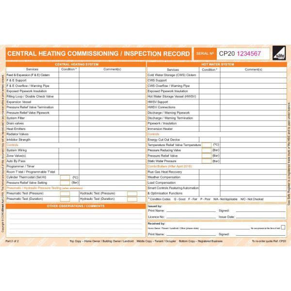 Central Heating Commissioning / Inspection Record CP20